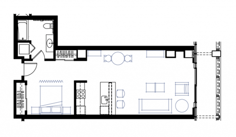 Floor plan for 1 bed, 1 bath, 716 sqft